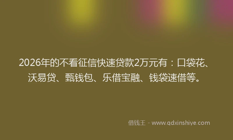 2026年的不看征信快速贷款2万元有：口袋花、沃易贷、甄钱包、乐借宝融、钱袋速借等。