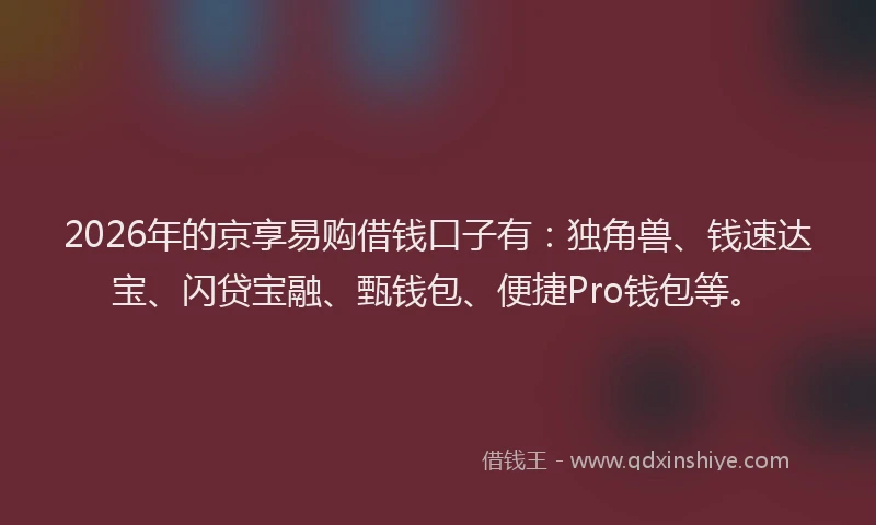 2026年的京享易购借钱口子有：独角兽、钱速达宝、闪贷宝融、甄钱包、便捷Pro钱包等。