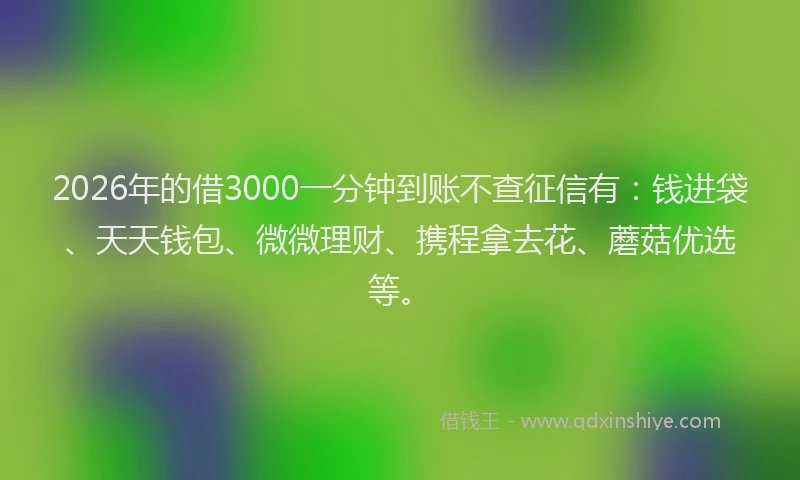 2026年的借3000一分钟到账不查征信有：钱进袋、天天钱包、微微理财、携程拿去花、蘑菇优选等。