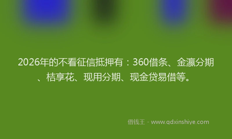 2026年的不看征信抵押有：360借条、金瀛分期、桔享花、现用分期、现金贷易借等。