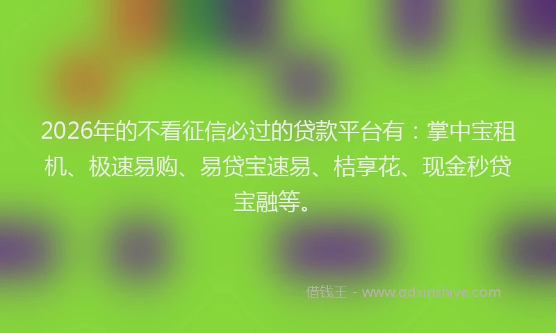2026年的不看征信必过的贷款平台有：掌中宝租机、极速易购、易贷宝速易、桔享花、现金秒贷宝融等。