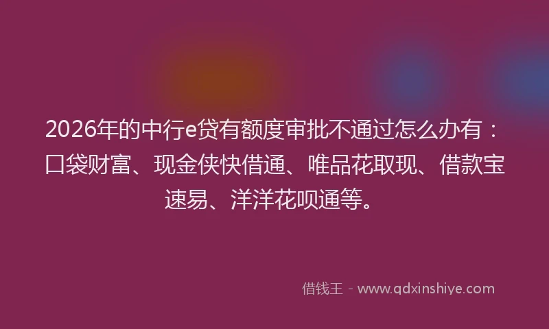 2026年的中行e贷有额度审批不通过怎么办有：口袋财富、现金侠快借通、唯品花取现、借款宝速易、洋洋花呗通等。