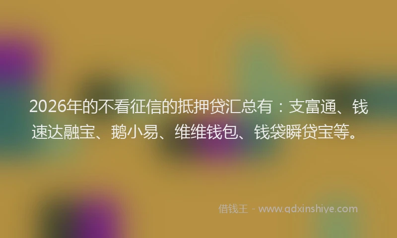2026年的不看征信的抵押贷汇总有：支富通、钱速达融宝、鹅小易、维维钱包、钱袋瞬贷宝等。