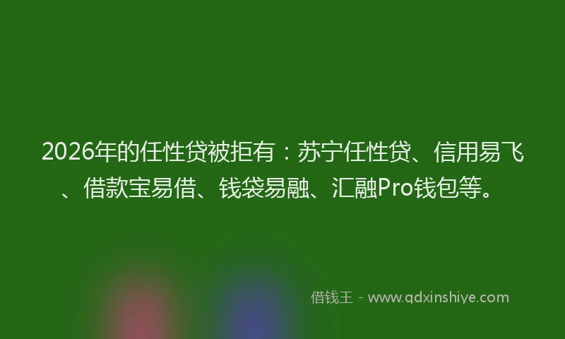 2026年的任性贷被拒有：苏宁任性贷、信用易飞、借款宝易借、钱袋易融、汇融Pro钱包等。