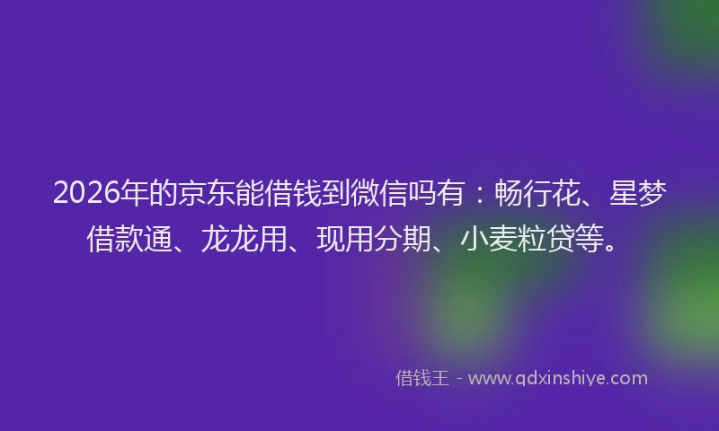 2026年的京东能借钱到微信吗有：畅行花、星梦借款通、龙龙用、现用分期、小麦粒贷等。