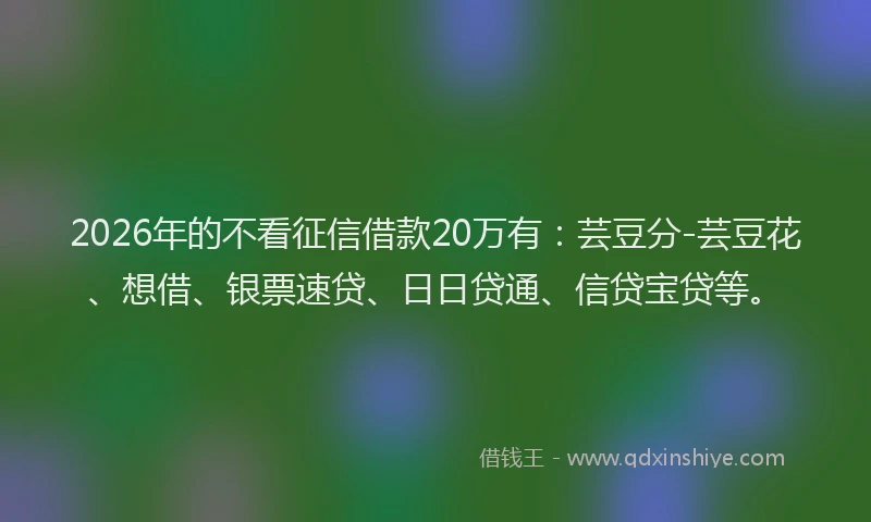 2026年的不看征信借款20万有：芸豆分-芸豆花、想借、银票速贷、日日贷通、信贷宝贷等。