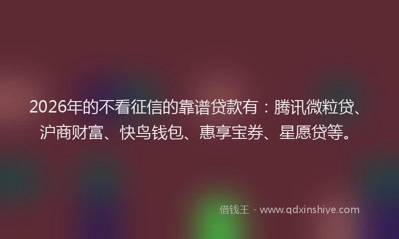 2026年的不看征信的靠谱贷款有：腾讯微粒贷、沪商财富、快鸟钱包、惠享宝券、星愿贷等。