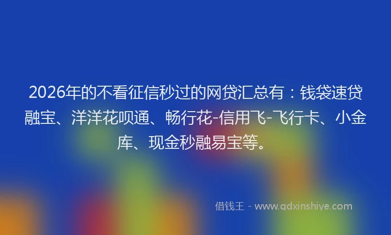 2026年的不看征信秒过的网贷汇总有：钱袋速贷融宝、洋洋花呗通、畅行花-信用飞-飞行卡、小金库、现金秒融易宝等。