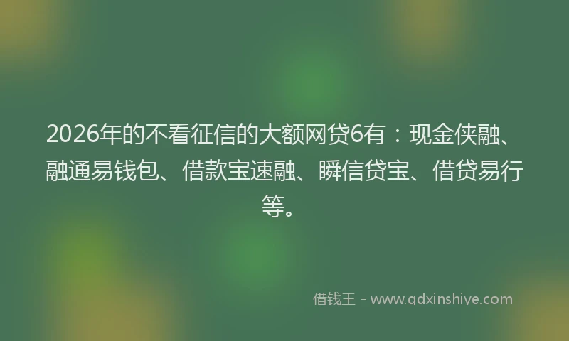 2026年的不看征信的大额网贷6有：现金侠融、融通易钱包、借款宝速融、瞬信贷宝、借贷易行等。