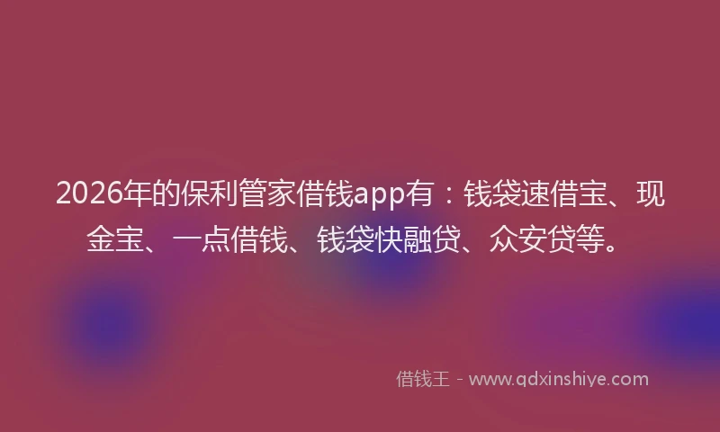 2026年的保利管家借钱app有：钱袋速借宝、现金宝、一点借钱、钱袋快融贷、众安贷等。