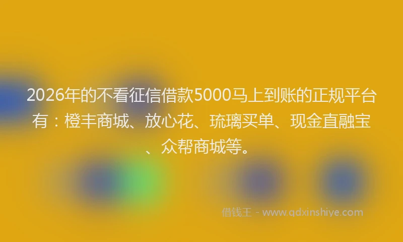 2026年的不看征信借款5000马上到账的正规平台有：橙丰商城、放心花、琉璃买单、现金直融宝、众帮商城等。