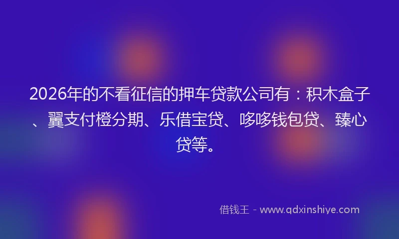 2026年的不看征信的押车贷款公司有：积木盒子、翼支付橙分期、乐借宝贷、哆哆钱包贷、臻心贷等。