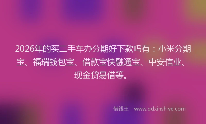 2026年的买二手车办分期好下款吗有：小米分期宝、福瑞钱包宝、借款宝快融通宝、中安信业、现金贷易借等。
