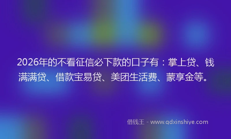 2026年的不看征信必下款的口子有：掌上贷、钱满满贷、借款宝易贷、美团生活费、蒙享金等。