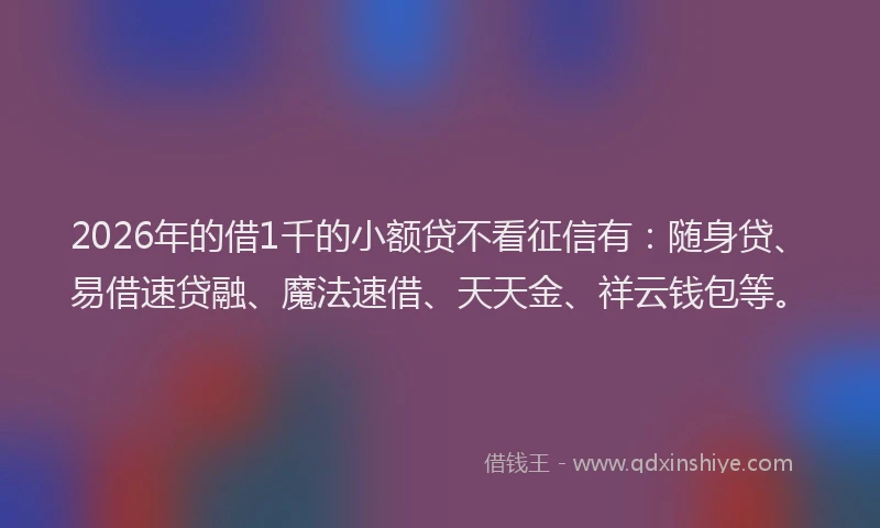 2026年的借1千的小额贷不看征信有：随身贷、易借速贷融、魔法速借、天天金、祥云钱包等。