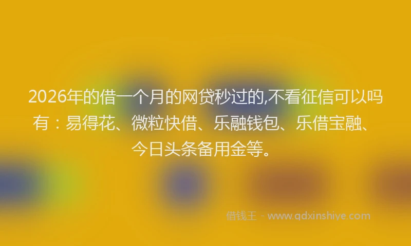 2026年的借一个月的网贷秒过的,不看征信可以吗有：易得花、微粒快借、乐融钱包、乐借宝融、今日头条备用金等。