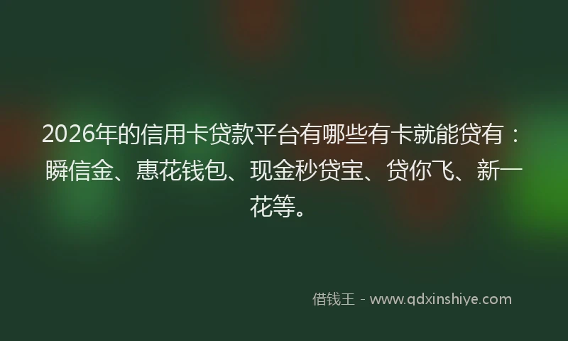 2026年的信用卡贷款平台有哪些有卡就能贷有：瞬信金、惠花钱包、现金秒贷宝、贷你飞、新一花等。