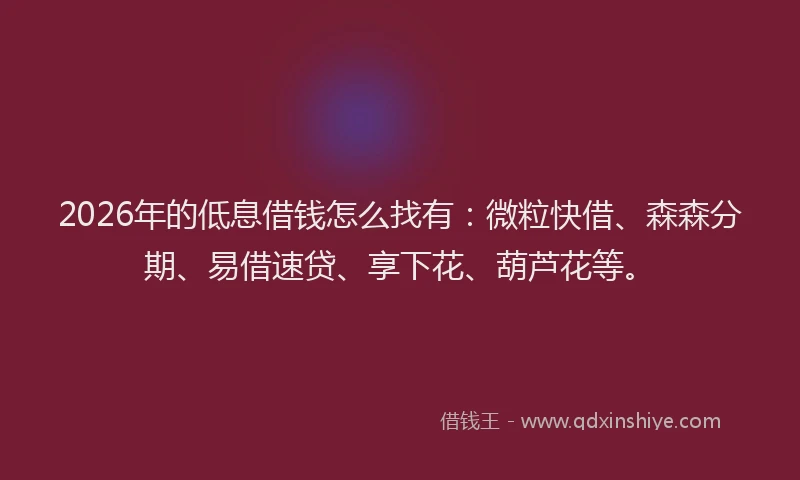 2026年的低息借钱怎么找有：微粒快借、森森分期、易借速贷、享下花、葫芦花等。