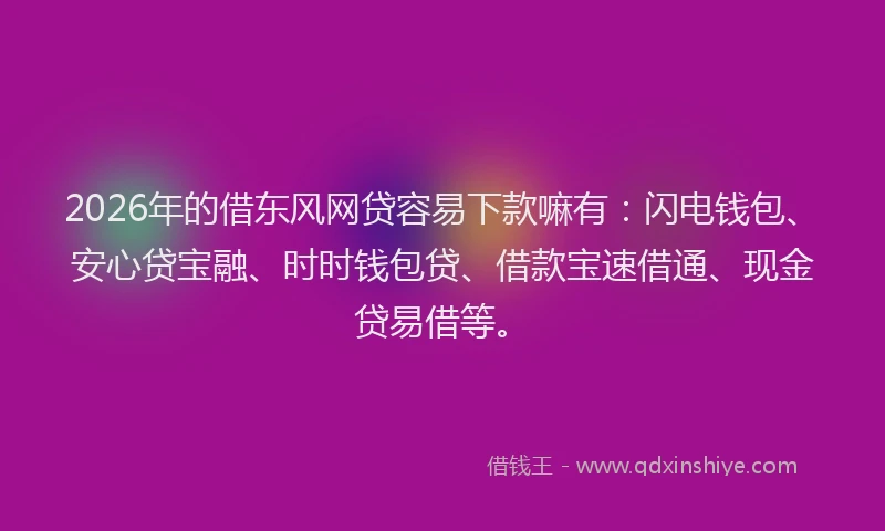 2026年的借东风网贷容易下款嘛有：闪电钱包、安心贷宝融、时时钱包贷、借款宝速借通、现金贷易借等。