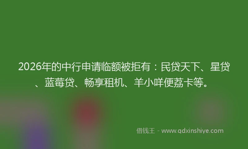 2026年的中行申请临额被拒有：民贷天下、星贷、蓝莓贷、畅享租机、羊小咩便荔卡等。