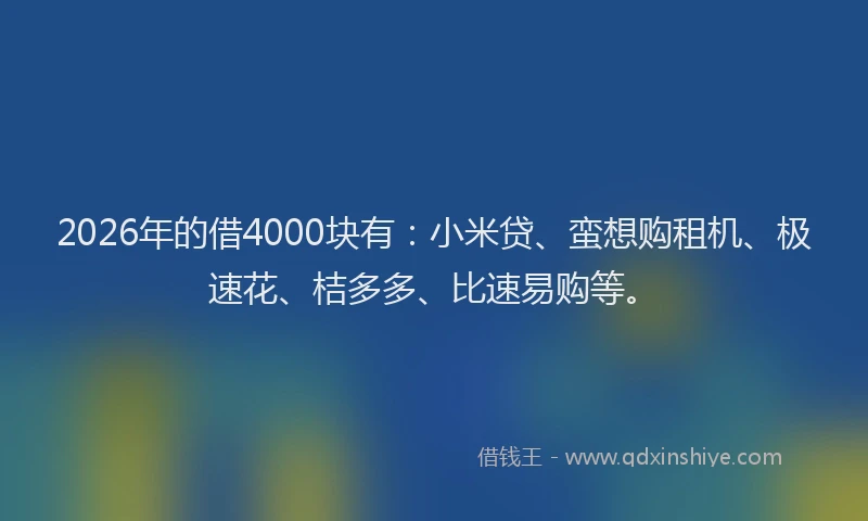 2026年的借4000块有：小米贷、蛮想购租机、极速花、桔多多、比速易购等。