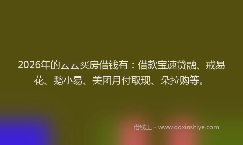 2026年的云云买房借钱有：借款宝速贷融、戒易花、鹅小易、美团月付取现、朵拉购等。