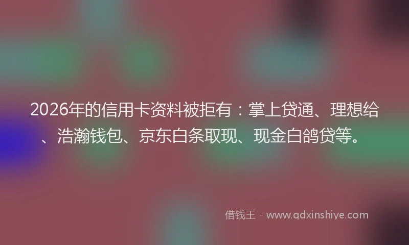 2026年的信用卡资料被拒有：掌上贷通、理想给、浩瀚钱包、京东白条取现、现金白鸽贷等。