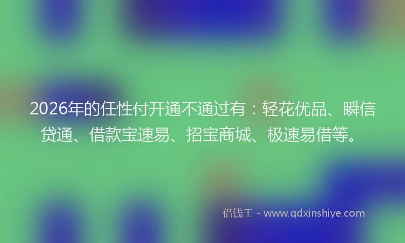 2026年的任性付开通不通过有：轻花优品、瞬信贷通、借款宝速易、招宝商城、极速易借等。