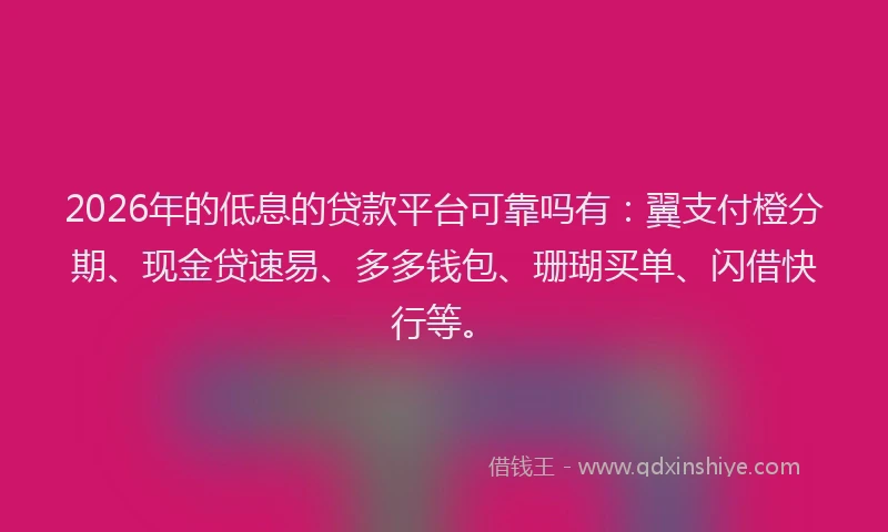 2026年的低息的贷款平台可靠吗有：翼支付橙分期、现金贷速易、多多钱包、珊瑚买单、闪借快行等。