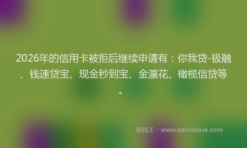 2026年的信用卡被拒后继续申请有：你我贷-极融、钱速贷宝、现金秒到宝、金瀛花、橄榄信贷等。