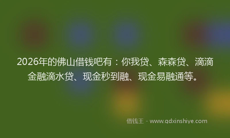 2026年的佛山借钱吧有：你我贷、森森贷、滴滴金融滴水贷、现金秒到融、现金易融通等。