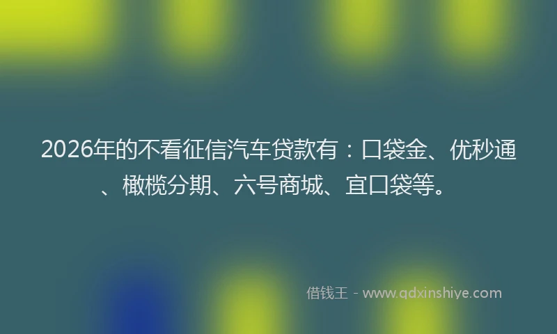 2026年的不看征信汽车贷款有：口袋金、优秒通、橄榄分期、六号商城、宜口袋等。