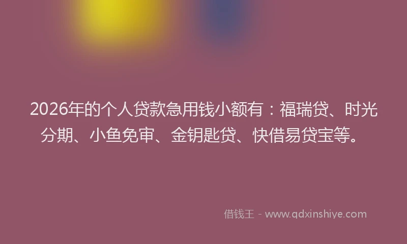 2026年的个人贷款急用钱小额有：福瑞贷、时光分期、小鱼免审、金钥匙贷、快借易贷宝等。