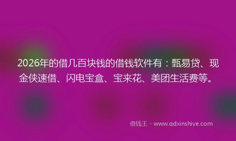 2026年的借几百块钱的借钱软件有：甄易贷、现金侠速借、闪电宝盒、宝来花、美团生活费等。