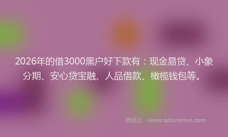 2026年的借3000黑户好下款有：现金易贷、小象分期、安心贷宝融、人品借款、橄榄钱包等。