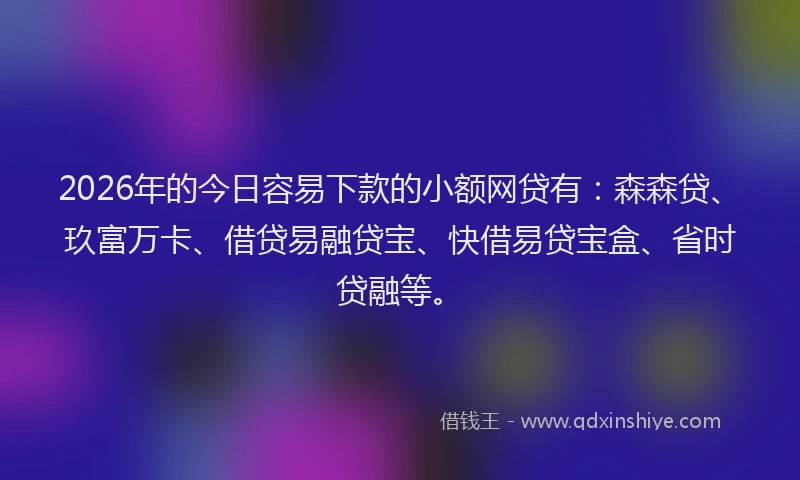 2026年的今日容易下款的小额网贷有：森森贷、玖富万卡、借贷易融贷宝、快借易贷宝盒、省时贷融等。