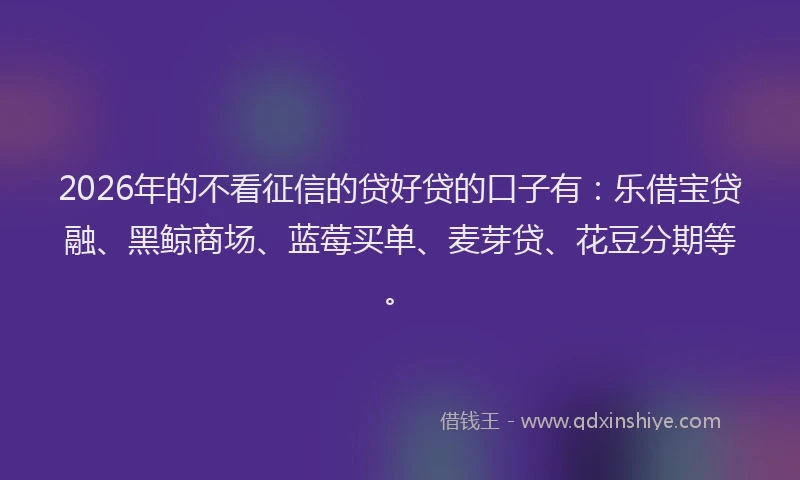 2026年的不看征信的贷好贷的口子有：乐借宝贷融、黑鲸商场、蓝莓买单、麦芽贷、花豆分期等。