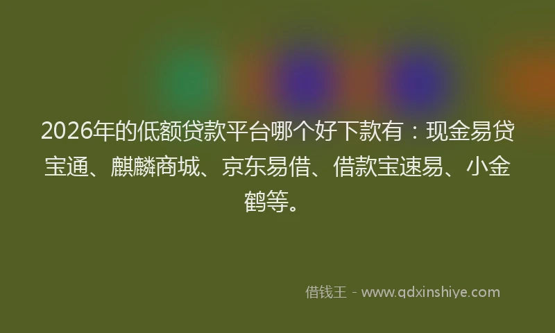 2026年的低额贷款平台哪个好下款有：现金易贷宝通、麒麟商城、京东易借、借款宝速易、小金鹤等。