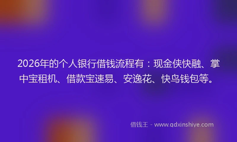 2026年的个人银行借钱流程有：现金侠快融、掌中宝租机、借款宝速易、安逸花、快鸟钱包等。