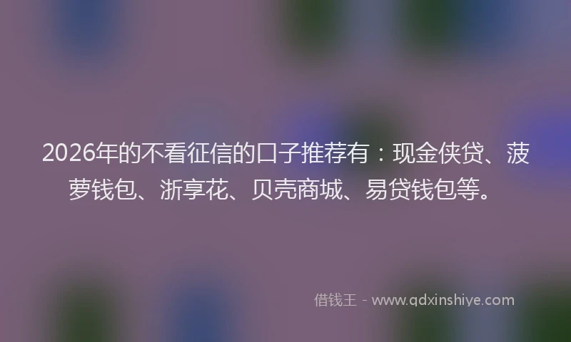 2026年的不看征信的口子推荐有：现金侠贷、菠萝钱包、浙享花、贝壳商城、易贷钱包等。