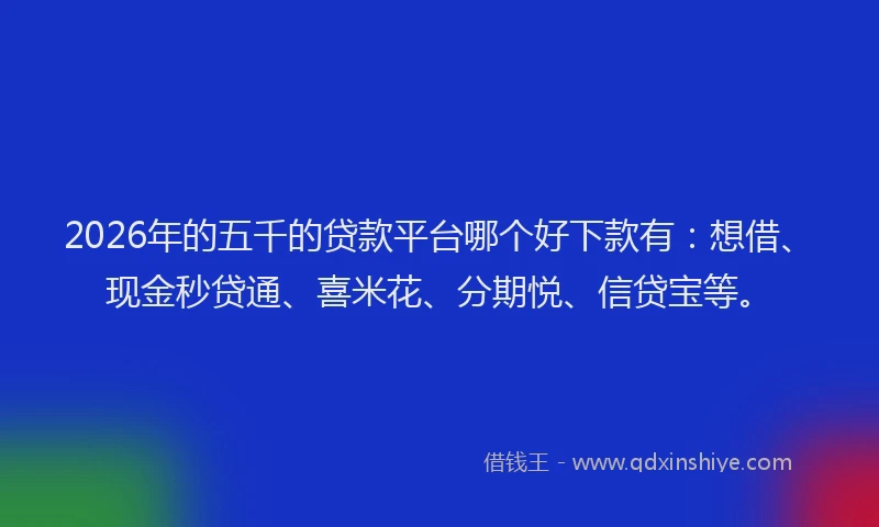 2026年的五千的贷款平台哪个好下款有：想借、现金秒贷通、喜米花、分期悦、信贷宝等。