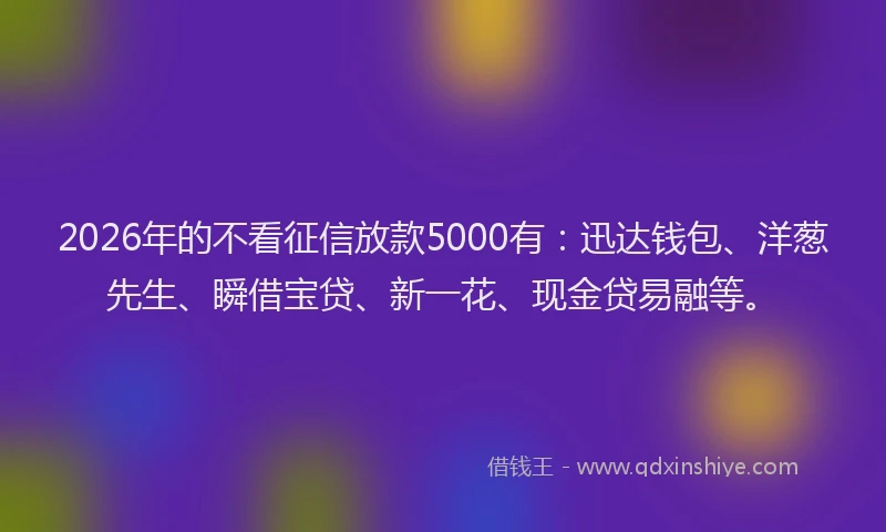 2026年的不看征信放款5000有：迅达钱包、洋葱先生、瞬借宝贷、新一花、现金贷易融等。