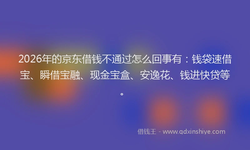 2026年的京东借钱不通过怎么回事有：钱袋速借宝、瞬借宝融、现金宝盒、安逸花、钱进快贷等。