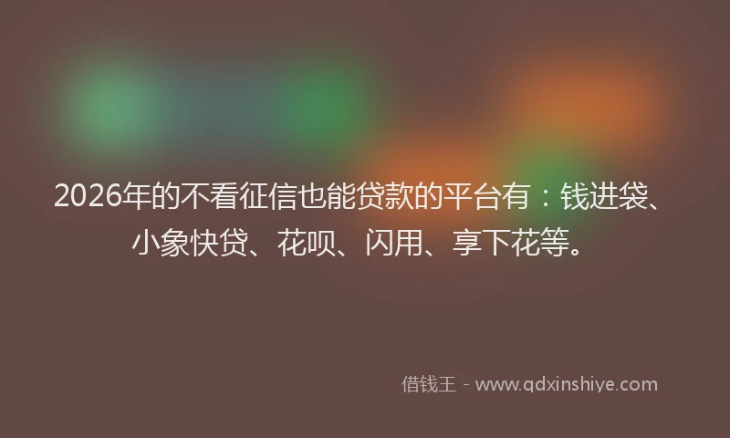 2026年的不看征信也能贷款的平台有：钱进袋、小象快贷、花呗、闪用、享下花等。