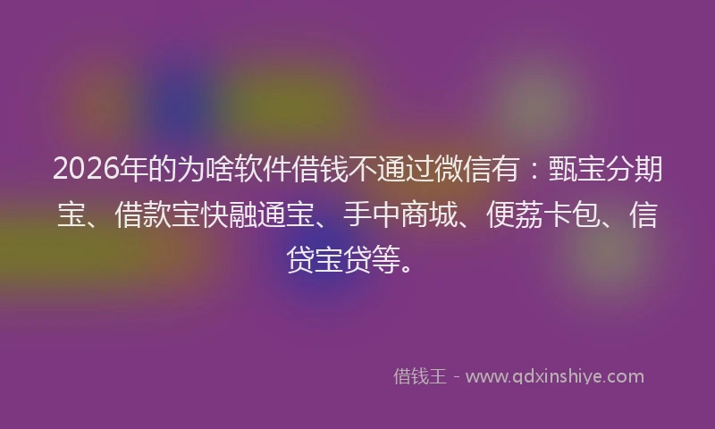 2026年的为啥软件借钱不通过微信有：甄宝分期宝、借款宝快融通宝、手中商城、便荔卡包、信贷宝贷等。