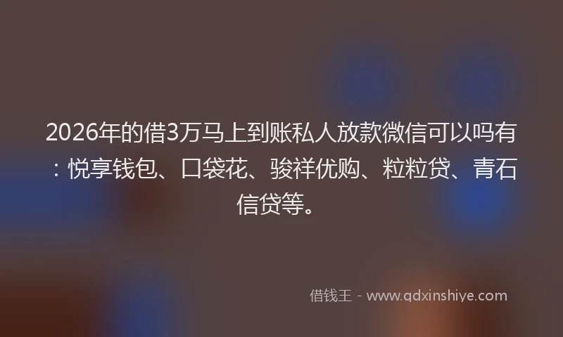 2026年的借3万马上到账私人放款微信可以吗有：悦享钱包、口袋花、骏祥优购、粒粒贷、青石信贷等。