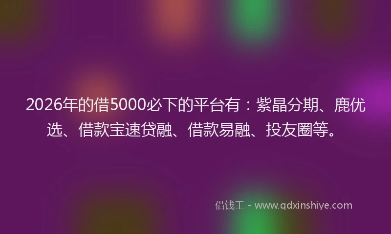 2026年的借5000必下的平台有：紫晶分期、鹿优选、借款宝速贷融、借款易融、投友圈等。