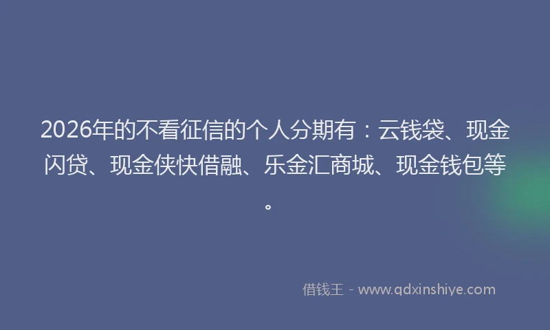 2026年的不看征信的个人分期有：云钱袋、现金闪贷、现金侠快借融、乐金汇商城、现金钱包等。