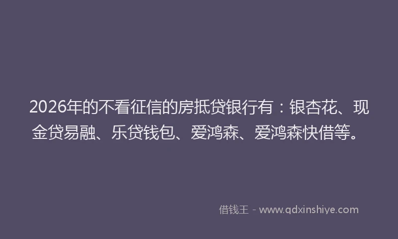2026年的不看征信的房抵贷银行有：银杏花、现金贷易融、乐贷钱包、爱鸿森、爱鸿森快借等。