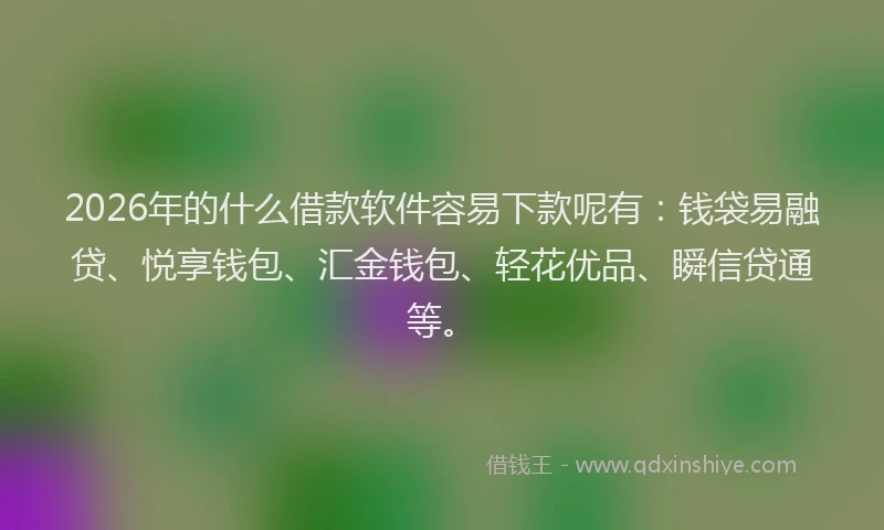 2026年的什么借款软件容易下款呢有：钱袋易融贷、悦享钱包、汇金钱包、轻花优品、瞬信贷通等。